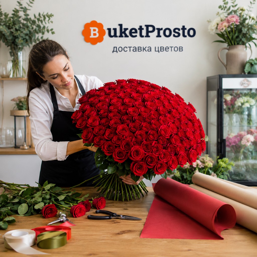 Флорист собирает букет из 101 красной розы в «Букет Просто»