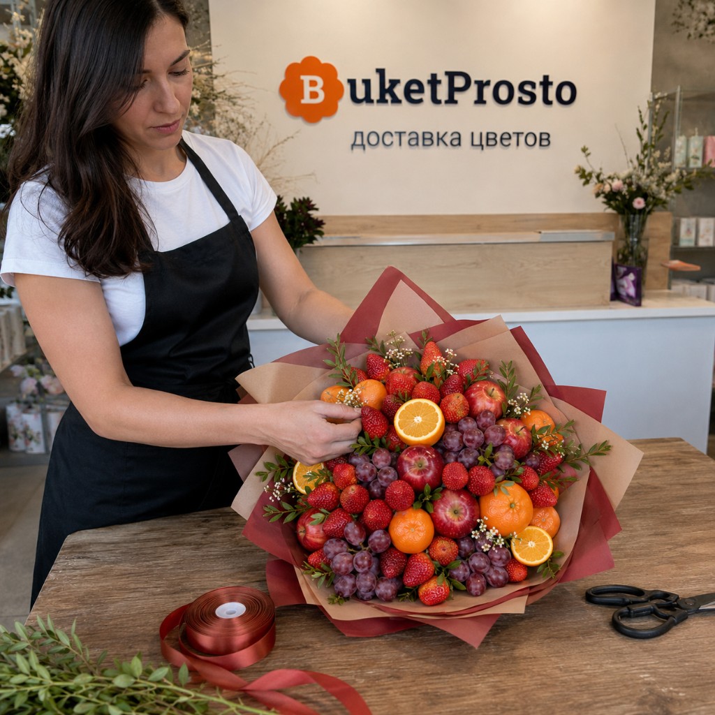 Флорист собирает фруктовый букет в «Букет Просто»